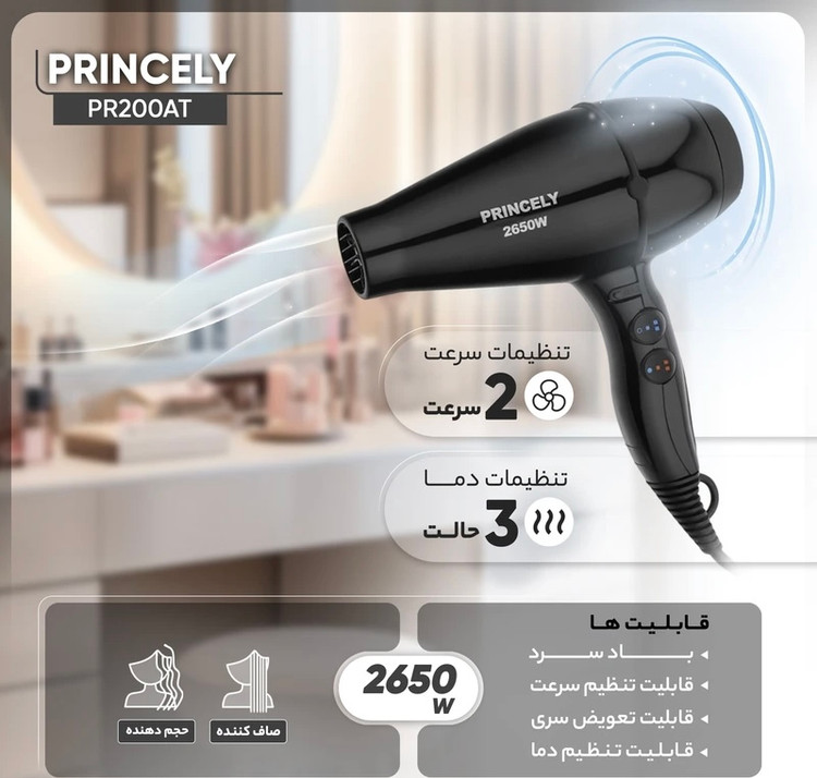 سشوار حرفه ای 2650 وات پرنسلی مدل PR200AT