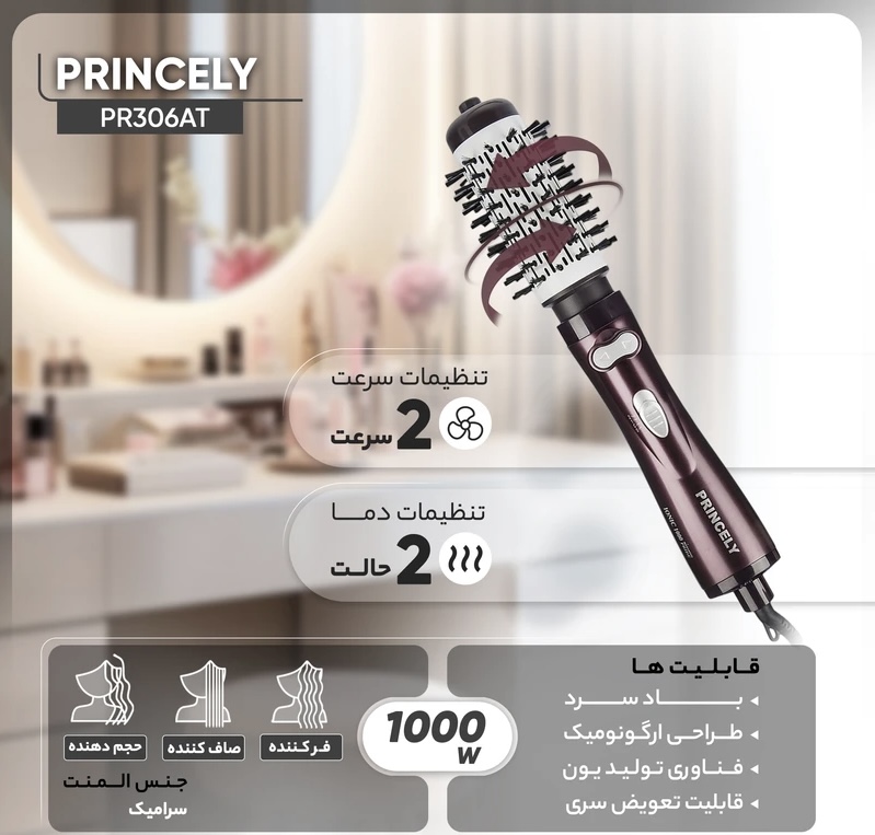 سشوار برسدار چرخشی 1000 وات پرینسلی مدل PR306AT