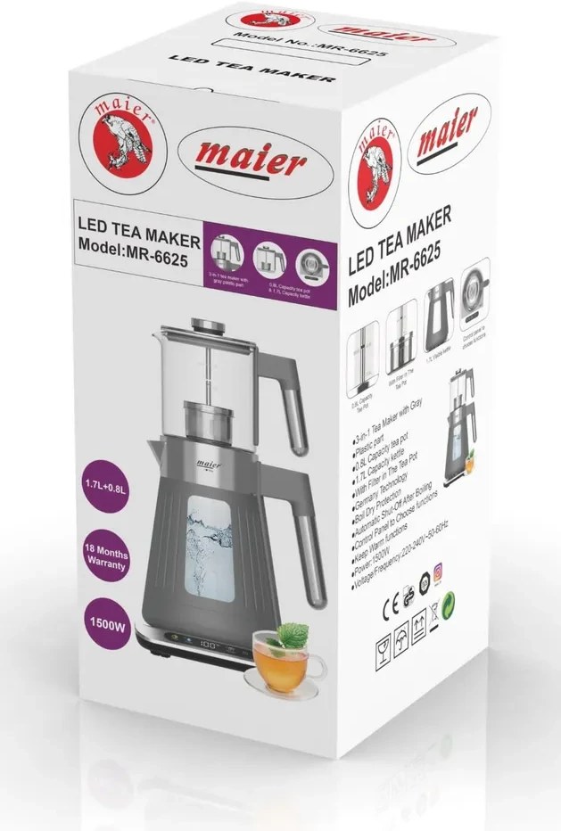 چای ساز مایر مدل MR6645 ظرفیت ۱.۷ لیتر با کتری شیشهای