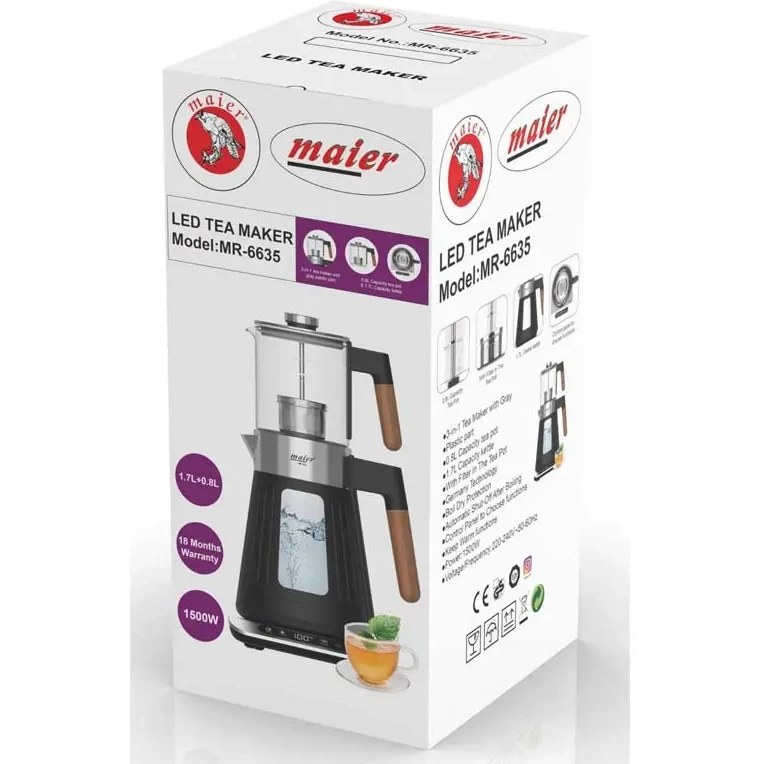 چای ساز مایر مدل MR6635 ظرفیت ۱.۷ لیتر با کتری شیشهای