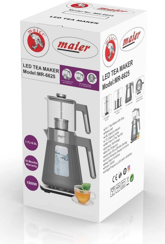 چای ساز مایر مدل MR6625 ظرفیت ۱.۷ لیتر با کتری شیشهای