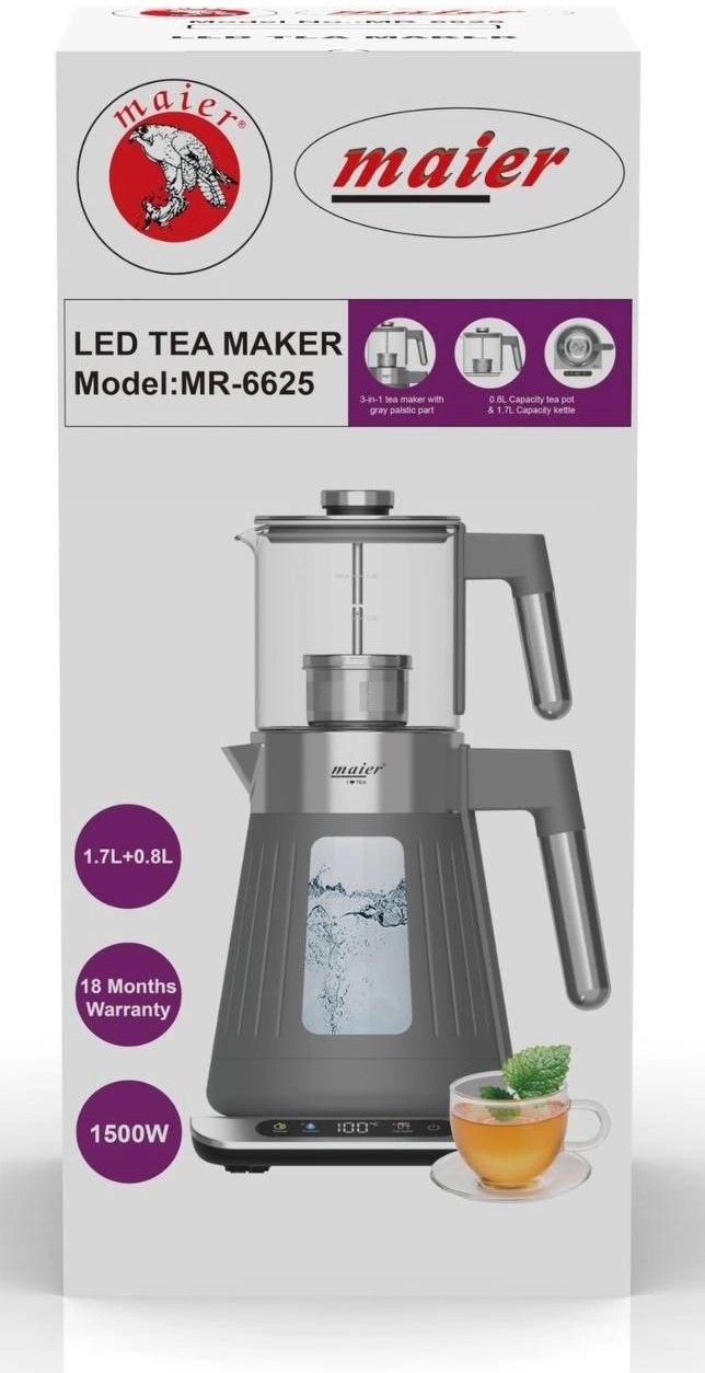 چای ساز مایر مدل MR6625 ظرفیت ۱.۷ لیتر با کتری شیشهای