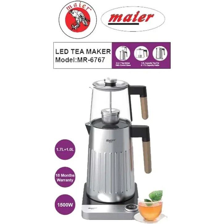 چای ساز مایر مدل MR-6767 ظرفیت ۱.۷ لیتر با کتری استیل ضد زنگ