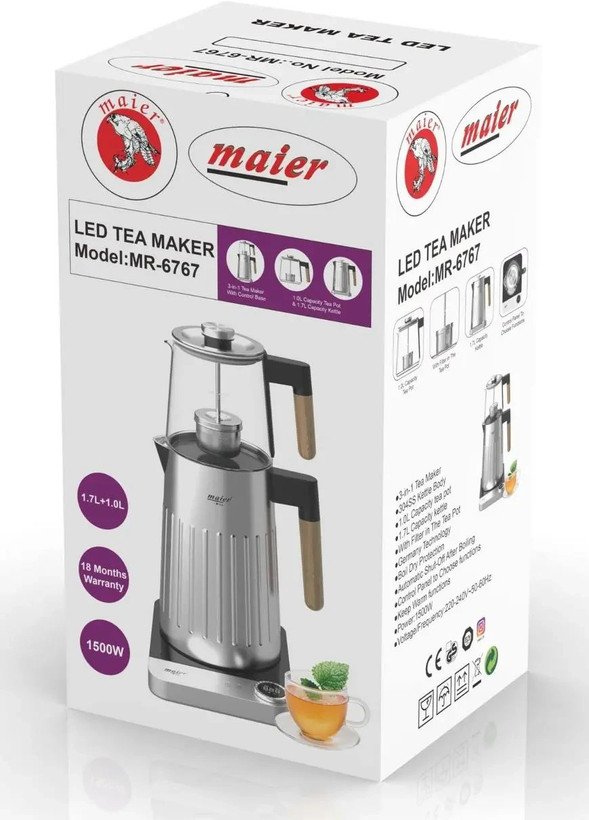 چای ساز مایر مدل MR-6767 ظرفیت ۱.۷ لیتر با کتری استیل ضد زنگ