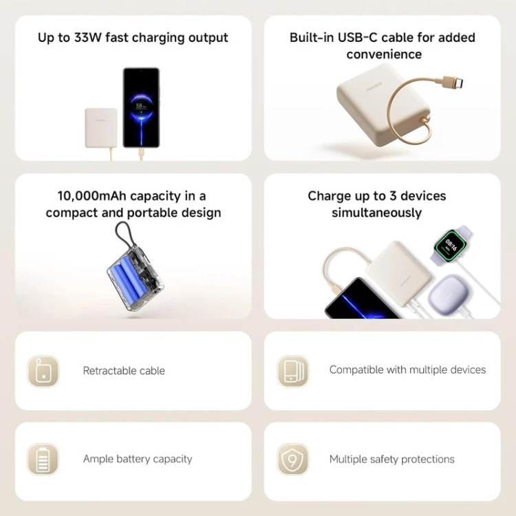پاوربانک 33 وات شیائومی مدل PB1033MI ظرفیت 10000 میلیآمپرساعت به همراه کابل USB-C